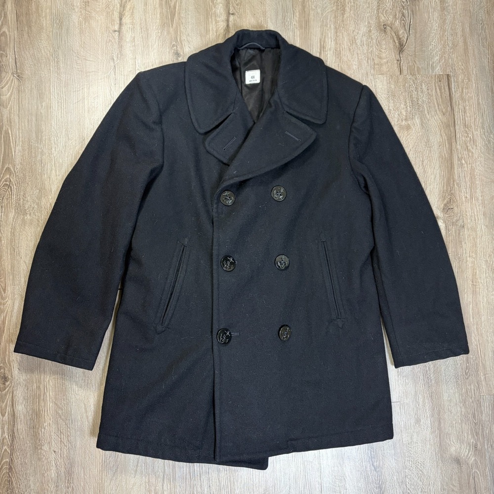 VTG US Navy Enlisted 100% Wool Overcoat Size 40R Black Peacoat Vintage